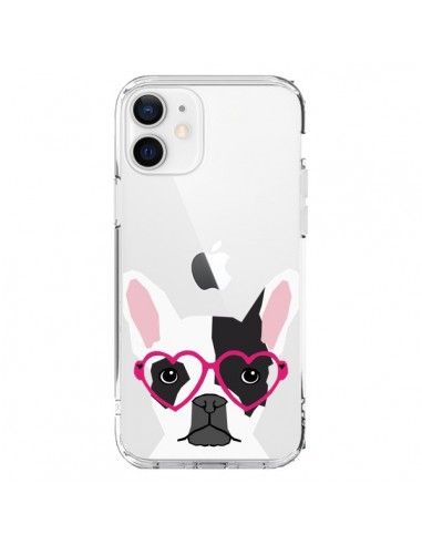 Coque iPhone 12 et 12 Pro Bulldog Français Lunettes Coeurs Chien Transparente - Pet Friendly