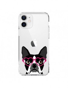 Coque iPhone 12 et 12 Pro Boston Terrier Lunettes Coeurs...