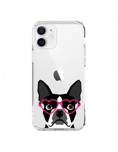Coque iPhone 12 et 12 Pro Boston Terrier Lunettes Coeurs Chien Transparente - Pet Friendly
