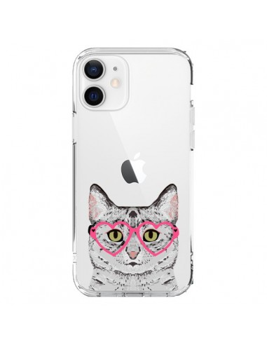 Coque iPhone 12 et 12 Pro Chat Gris Lunettes Coeurs Transparente - Pet Friendly