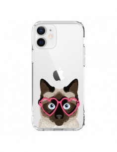 Coque iPhone 12 et 12 Pro Chat Marron Lunettes Coeurs...