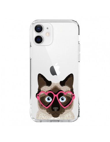 Coque iPhone 12 et 12 Pro Chat Marron Lunettes Coeurs Transparente - Pet Friendly