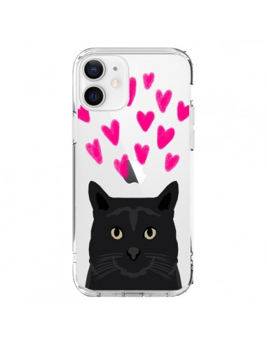 Coque iPhone 12 et 12 Pro Chat Noir Coeurs Transparente - Pet Friendly