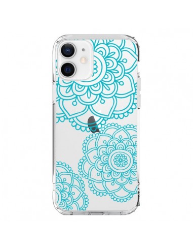 Coque iPhone 12 et 12 Pro Mandala Bleu Aqua Doodle Flower Transparente - Sylvia Cook