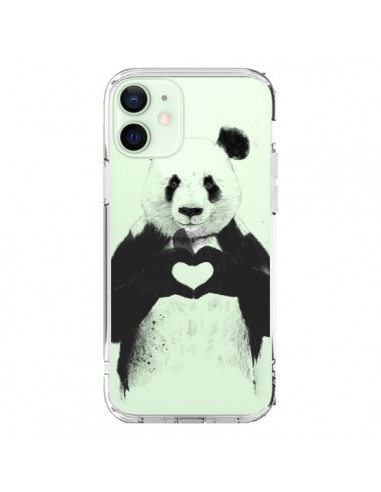 Coque iPhone 12 Mini Panda All You Need Is Love Transparente - Balazs Solti