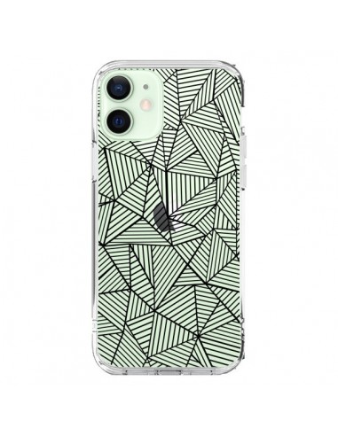 Coque iPhone 12 Mini Lignes Grilles Triangles Full Grid Abstract Noir Transparente - Project M
