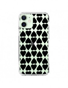 Coque iPhone 12 Mini Coeurs Heart Noir Transparente -...
