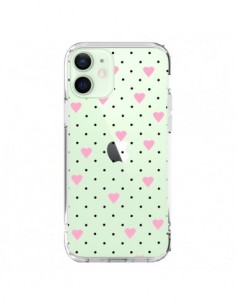 Cover iPhone 12 Mini Punti Cuori Rosa Trasparente -...