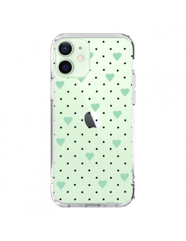 Coque iPhone 12 Mini Point Coeur Mint Bleu Vert Pin Point Heart Transparente - Project M