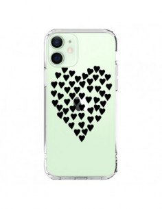 Coque iPhone 12 Mini Coeurs Heart Love Noir Transparente...