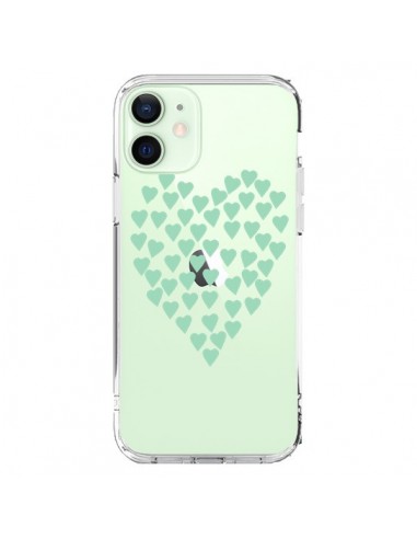 Coque iPhone 12 Mini Coeurs Heart Love Mint Bleu Vert Transparente - Project M
