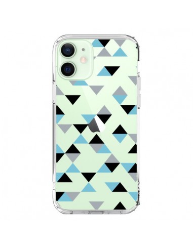 Coque iPhone 12 Mini Triangles Ice Blue Bleu Noir Transparente - Project M