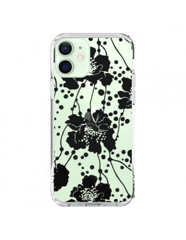 Coque iPhone 12 Mini Fleurs Noirs Flower Transparente - Dricia Do
