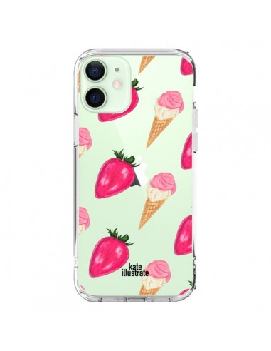 Coque iPhone 12 Mini Strawberry Ice Cream Fraise Glace Transparente - kateillustrate
