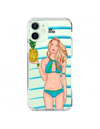 Coque iPhone 12 Mini Malibu Ananas Plage Ete Bleu Transparente - kateillustrate