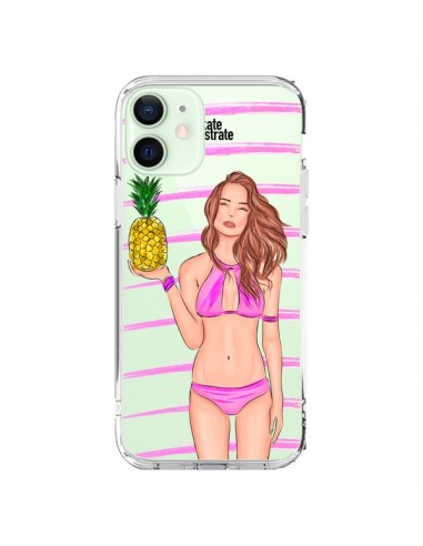 Coque iPhone 12 Mini Malibu Ananas Plage Ete Rose Transparente - kateillustrate