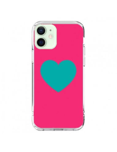 Coque iPhone 12 Mini Coeur Bleu Fond Rose - Laetitia