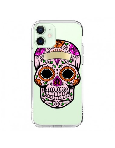 Coque iPhone 12 Mini Tête de Mort Mexicaine Noir Rose Transparente - Laetitia