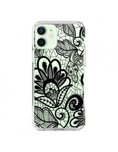 Coque iPhone 12 Mini Lace Fleur Flower Noir Transparente - Petit Griffin