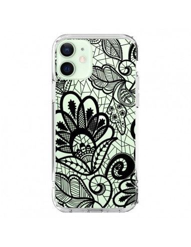 Cover iPhone 12 Mini Pizzo Fiori Flower Nero Trasparente - Petit Griffin