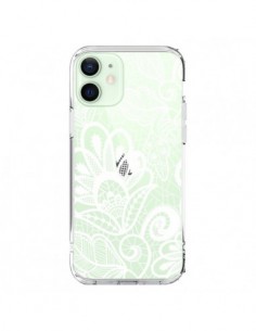 Coque iPhone 12 Mini Lace Fleur Flower Blanc Transparente...
