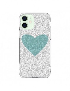 Coque iPhone 12 Mini Coeur Bleu Vert Argent Love - Mary...
