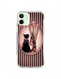 Coque iPhone 12 Mini Lady Chat Noeud Papillon Pois...