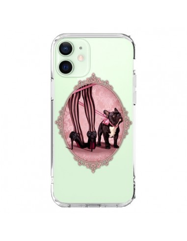 Coque iPhone 12 Mini Lady Jambes Chien Bulldog Dog Rose Pois Noir Transparente - Maryline Cazenave