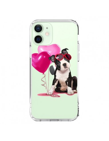 Coque iPhone 12 Mini Chien Dog Ballon Lunettes Coeur Rose Transparente - Maryline Cazenave