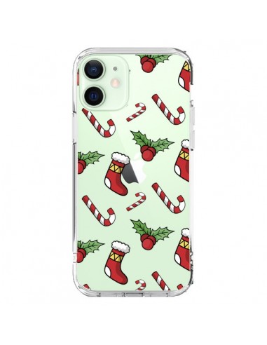 Cover iPhone 12 Mini Calze Bastoncini di Zucchero Agrifoglio Natale Trasparente - Nico