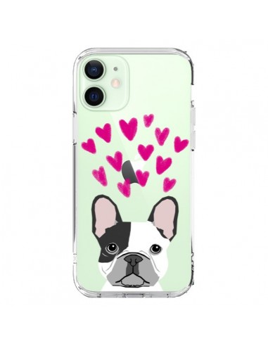 Coque iPhone 12 Mini Bulldog Français Coeurs Chien Transparente - Pet Friendly