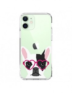 Coque iPhone 12 Mini Bulldog Français Lunettes Coeurs...