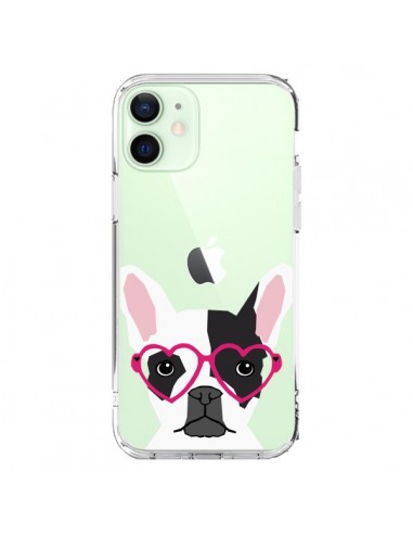 Coque iPhone 12 Mini Bulldog Français Lunettes Coeurs Chien Transparente - Pet Friendly
