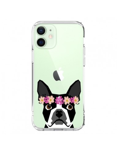 Coque iPhone 12 Mini Boston Terrier Fleurs Chien Transparente - Pet Friendly