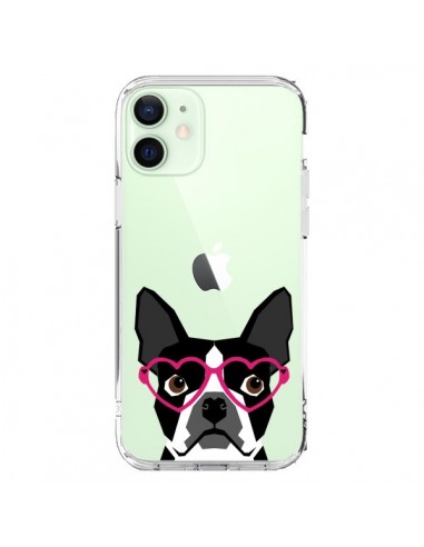 Coque iPhone 12 Mini Boston Terrier Lunettes Coeurs Chien Transparente - Pet Friendly