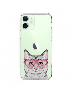 Coque iPhone 12 Mini Chat Gris Lunettes Coeurs...