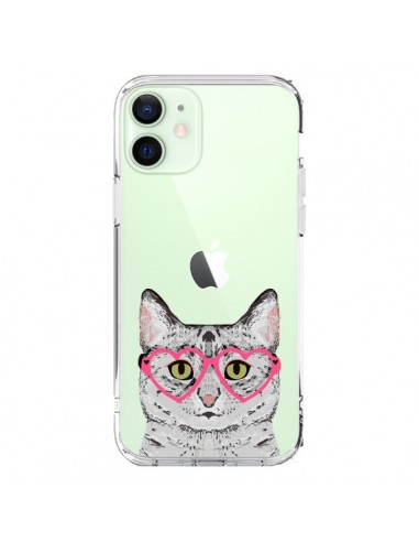 Cover iPhone 12 Mini Gatto Grigio Occhiali Cuori Trasparente - Pet Friendly