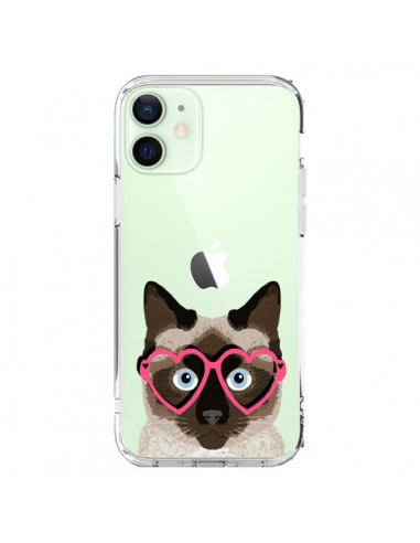 Coque iPhone 12 Mini Chat Marron Lunettes Coeurs Transparente - Pet Friendly