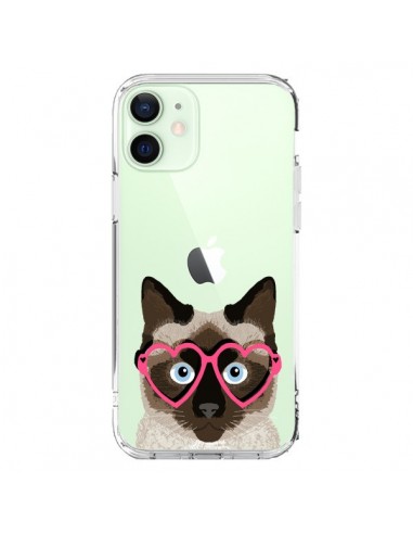 Cover iPhone 12 Mini Gatto Marrone Occhiali Cuori Trasparente - Pet Friendly