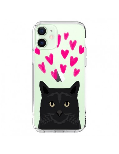 Coque iPhone 12 Mini Chat Noir Coeurs Transparente - Pet Friendly