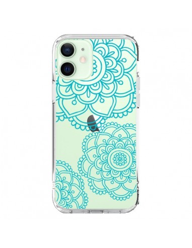 Coque iPhone 12 Mini Mandala Bleu Aqua Doodle Flower Transparente - Sylvia Cook