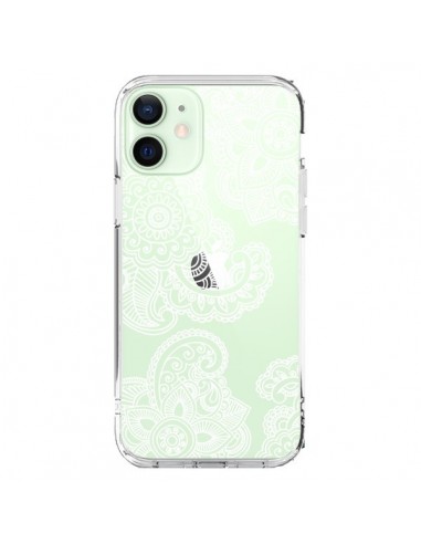 Coque iPhone 12 Mini Lacey Paisley Mandala Blanc Fleur Transparente - Sylvia Cook