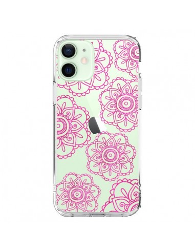 Coque iPhone 12 Mini Pink Doodle Flower Mandala Rose Fleur Transparente - Sylvia Cook