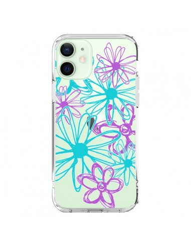 Coque iPhone 12 Mini Turquoise and Purple Flowers Fleurs Violettes Transparente - Sylvia Cook