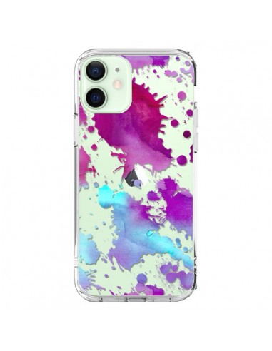 Coque iPhone 12 Mini Watercolor Splash Taches Bleu Violet Transparente - Sylvia Cook