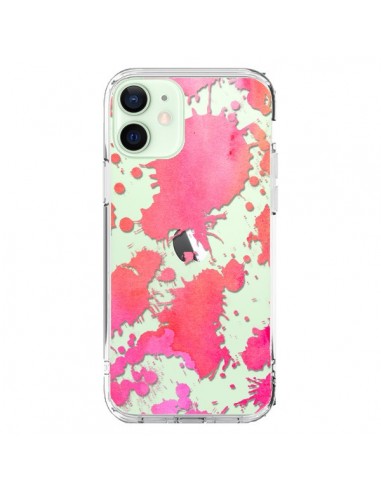 Coque iPhone 12 Mini Watercolor Splash Taches Rose Orange Transparente - Sylvia Cook