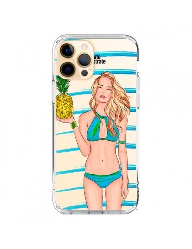 Coque iPhone 12 Pro Max Malibu Ananas Plage Ete Bleu Transparente - kateillustrate