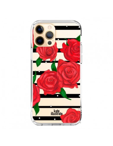 Coque iPhone 12 Pro Max Red Roses Rouge Fleurs Flowers Transparente - kateillustrate