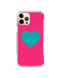 Coque iPhone 12 Pro Max Coeur Bleu Fond Rose - Laetitia