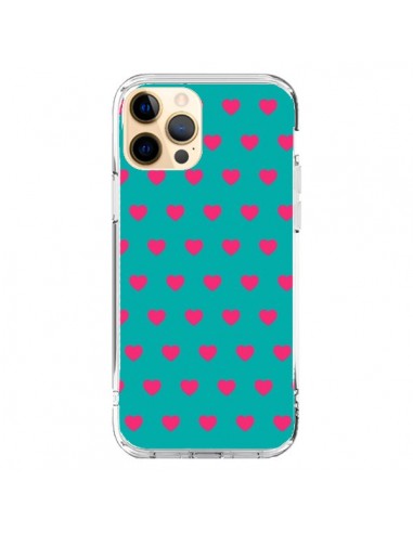 Coque iPhone 12 Pro Max Coeurs Roses Fond Bleu - Laetitia